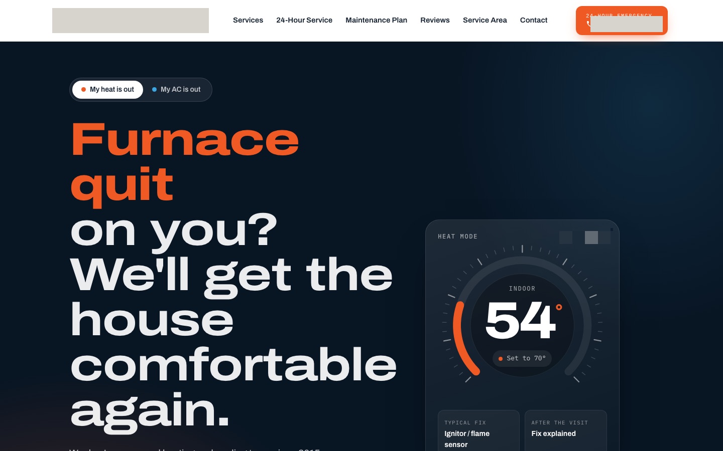 After: the redesigned HVAC homepage with a bold headline about a broken furnace, buttons for heating or cooling problems, a 24-hour emergency phone button and a thermostat-style panel